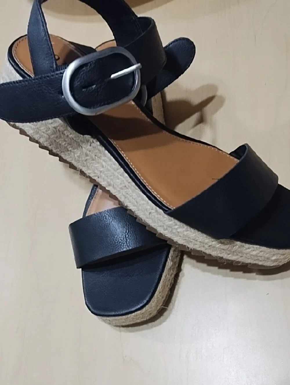 a.n.a Black Strappy Wedge Sandals with Silver Buckle Like New Size 8.5.